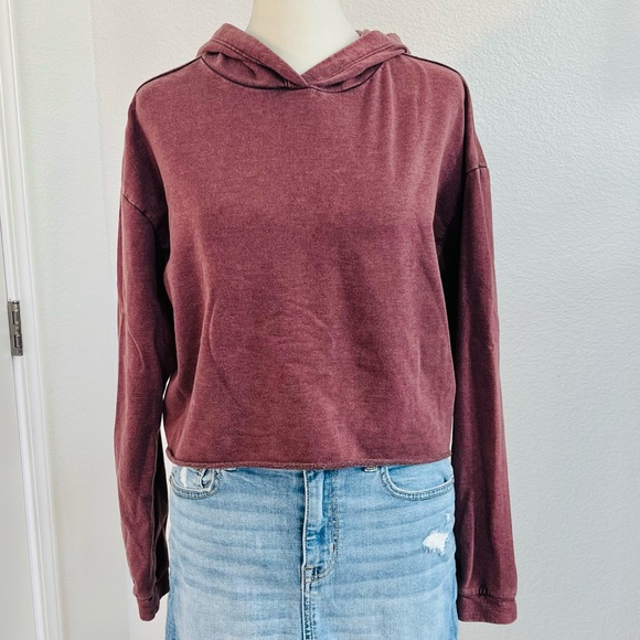 Zella Tops - Z by ZELLA CROP RUSTY RED RAW EDGE HEM LIGHTWEIGHT SOFT COMFY LONG-SLEEVE HOODIE